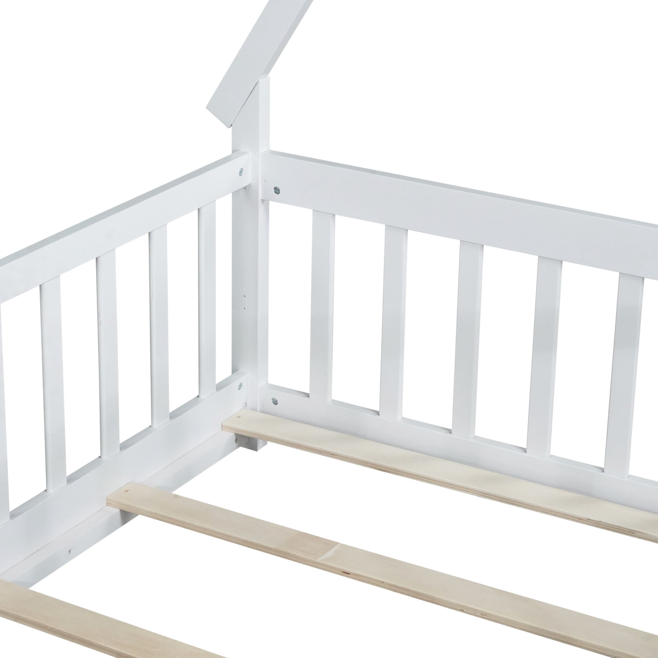 Noble House Misty Twin Teepee Floor Bed with Safety Fence and Door, Solid Rubber Wood Tent Bed, Kid's Room, White