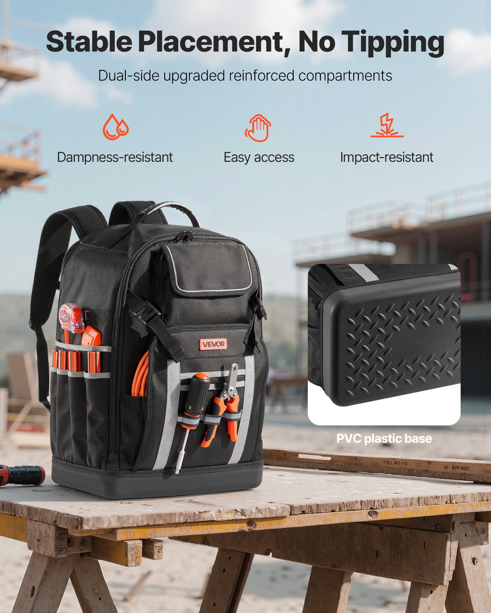 VEVOR Tool Backpack, 56 Pockets, Heavy-duty Tools Storage Organizer Bags with Molded Base, Electrician Jobsite Backpack for Construction Jobsite, Electrician, Industrial, Repairman, and HVAC Techs