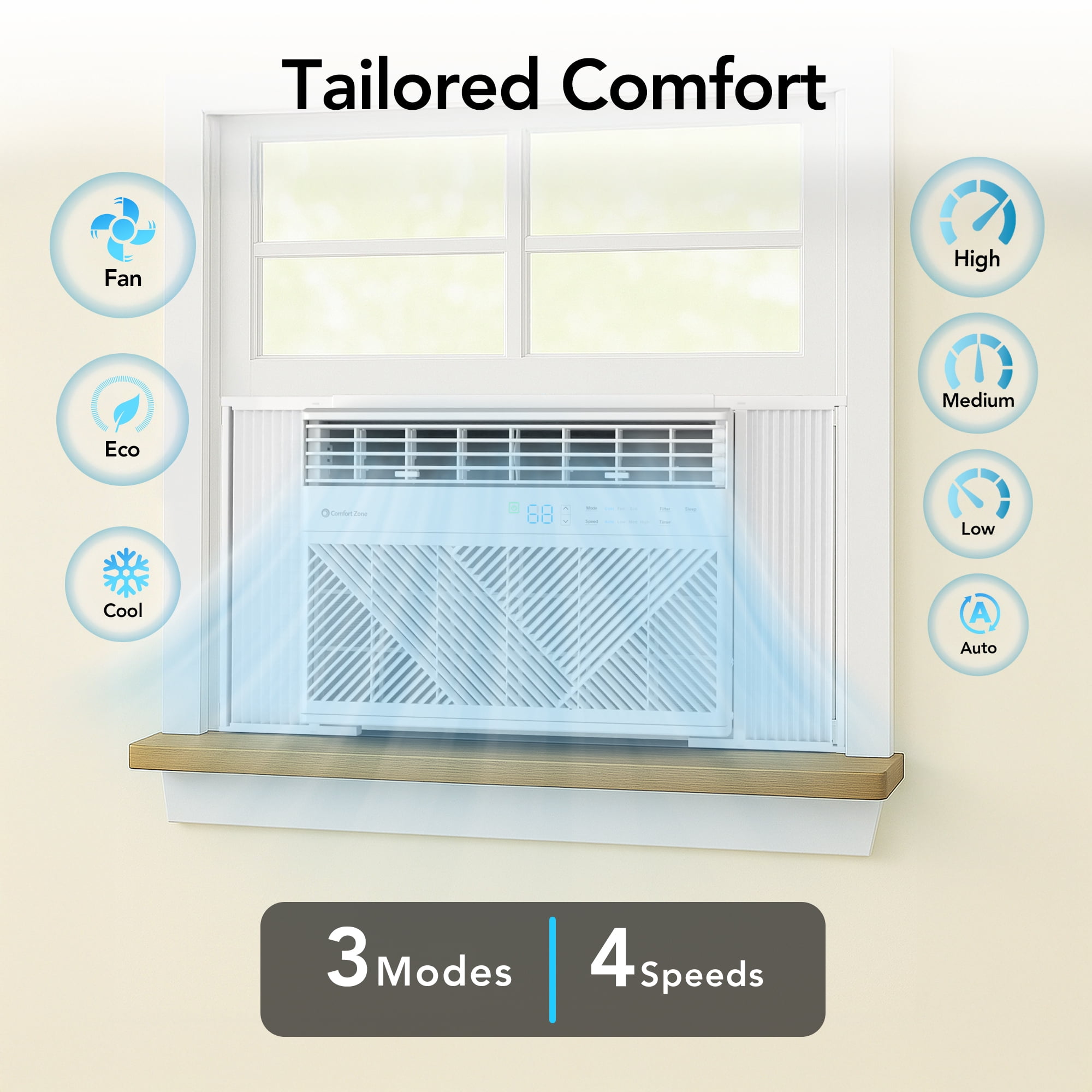 Comfort Zone 8,000 BTU Window Air Conditioner, Smart Wi-Fi Enabled, 4-Speed Settings, ECO Mode & Remote, White