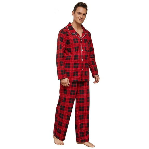 Vulcanodon Mens Flannel Plaid Pajama Set,Long Pajamas Warm Lightweight Pjs Set with Pockets(Red-black Plaid, Large)