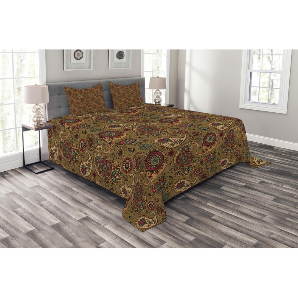Paisley Bedspread Set Queen Size, Vintage Inspired Multicolored Leaf