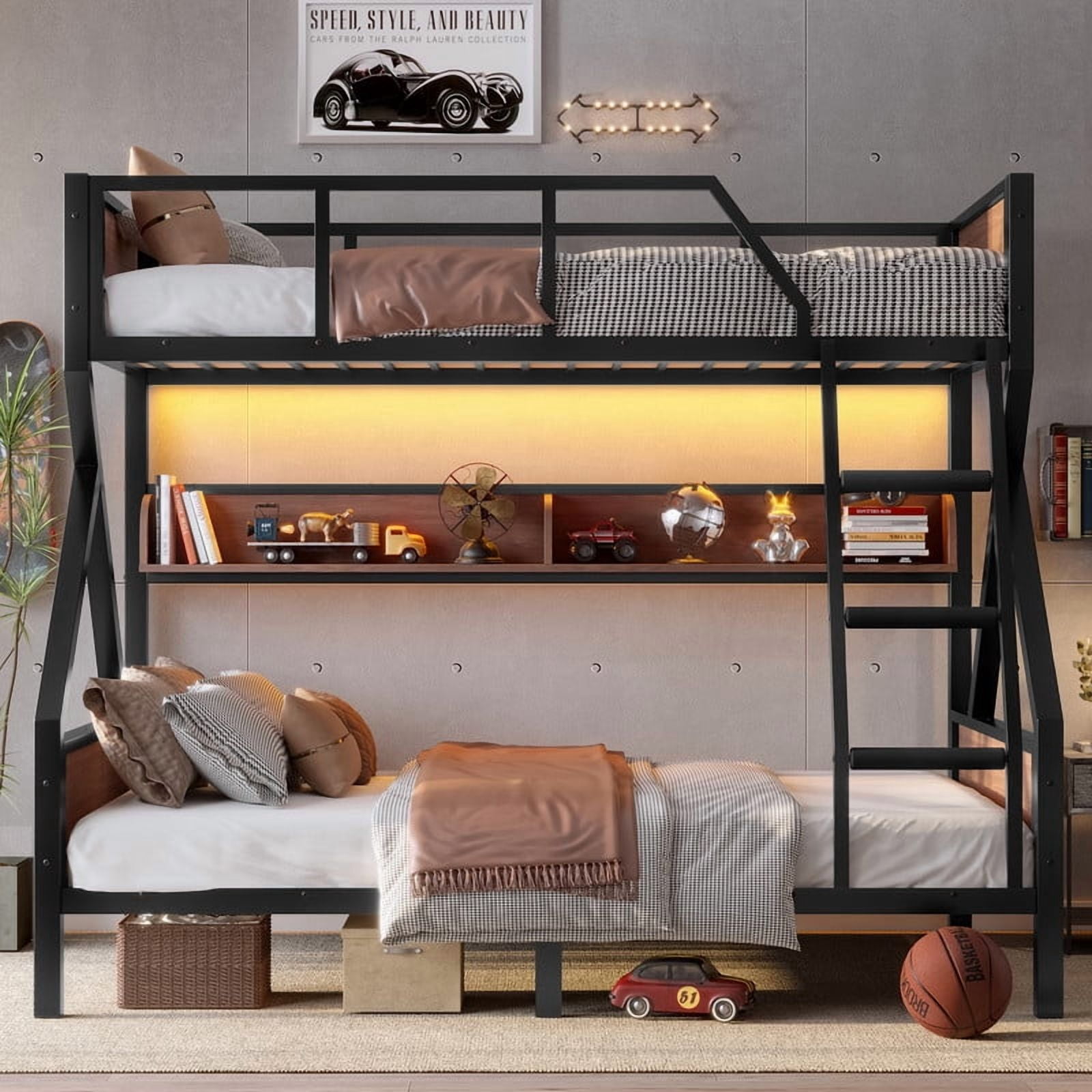 Twin over Full Size Metal Bunk Bed, Kids Teens Chic Bed Frame with Bedside Storage Shelves and LED Light Strip