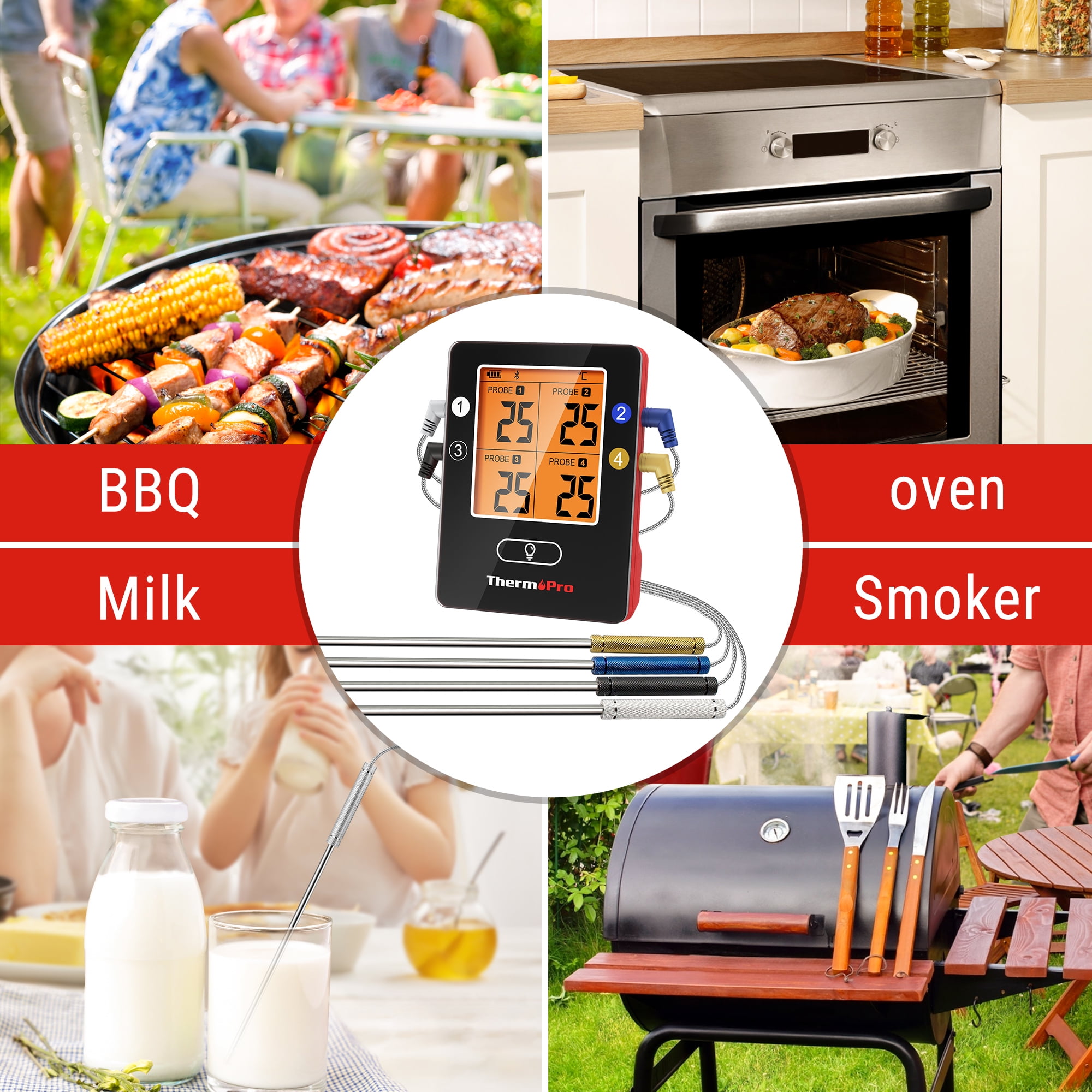 Thermopro Tp25w Bluetooth Meat Thermometer With 500ft Wireless Range  4-probe Android/ios Compatible Smart Grill Smoker Thermometer : Target