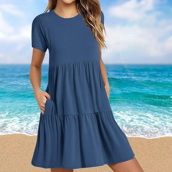 Pisexur Robes Midi d'Été pour Femmes Décontractées Évasées à Étages Robe T-Shirt Ourlet Ample Manches Courtes Robes de Plage avec Poches