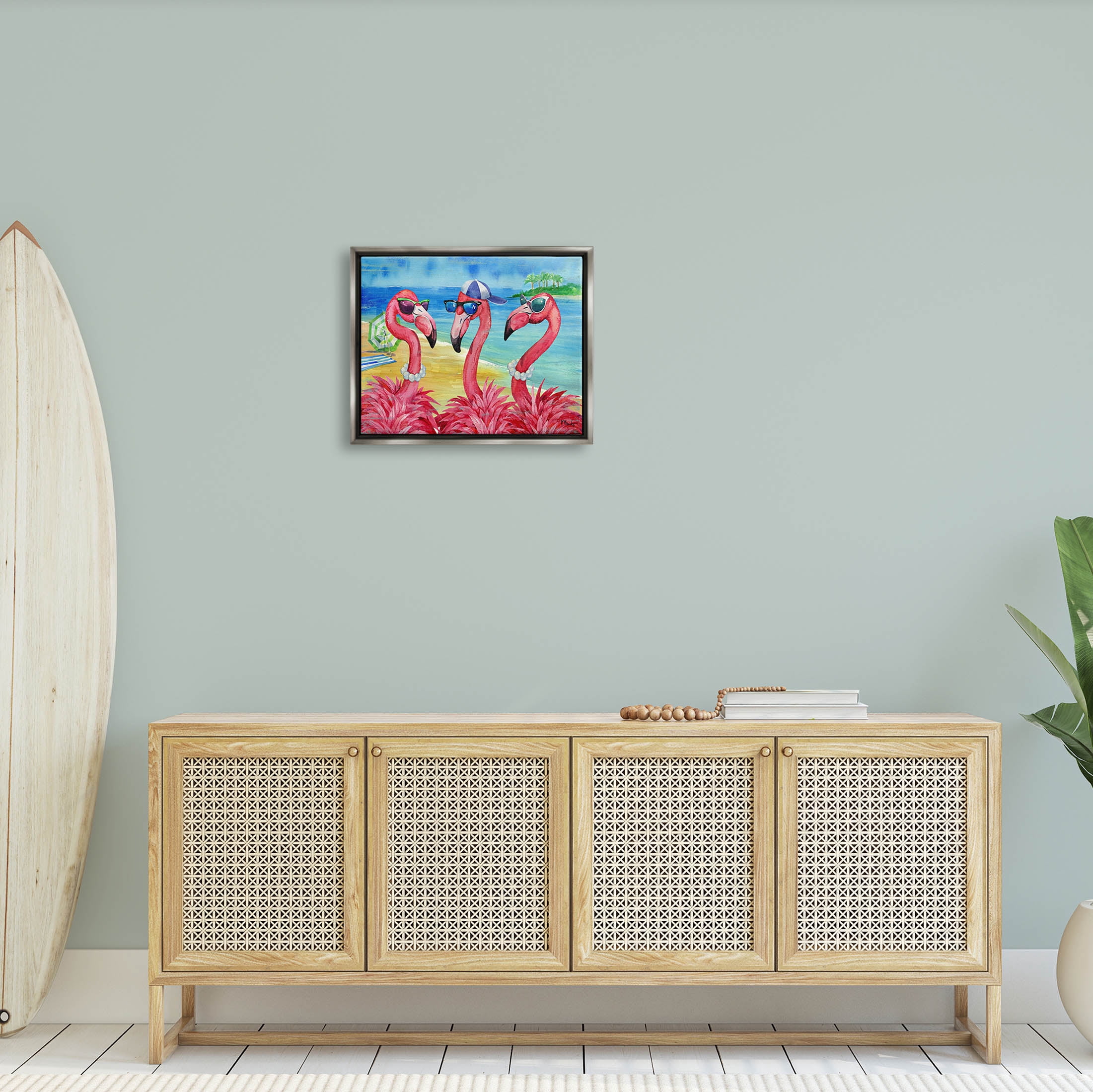 Stupell Industries Flamingo Friends Tropical Island Coast Graphic Art Luster Gray Floating Framed Canvas Print Wall Art, Design by Paul Brent