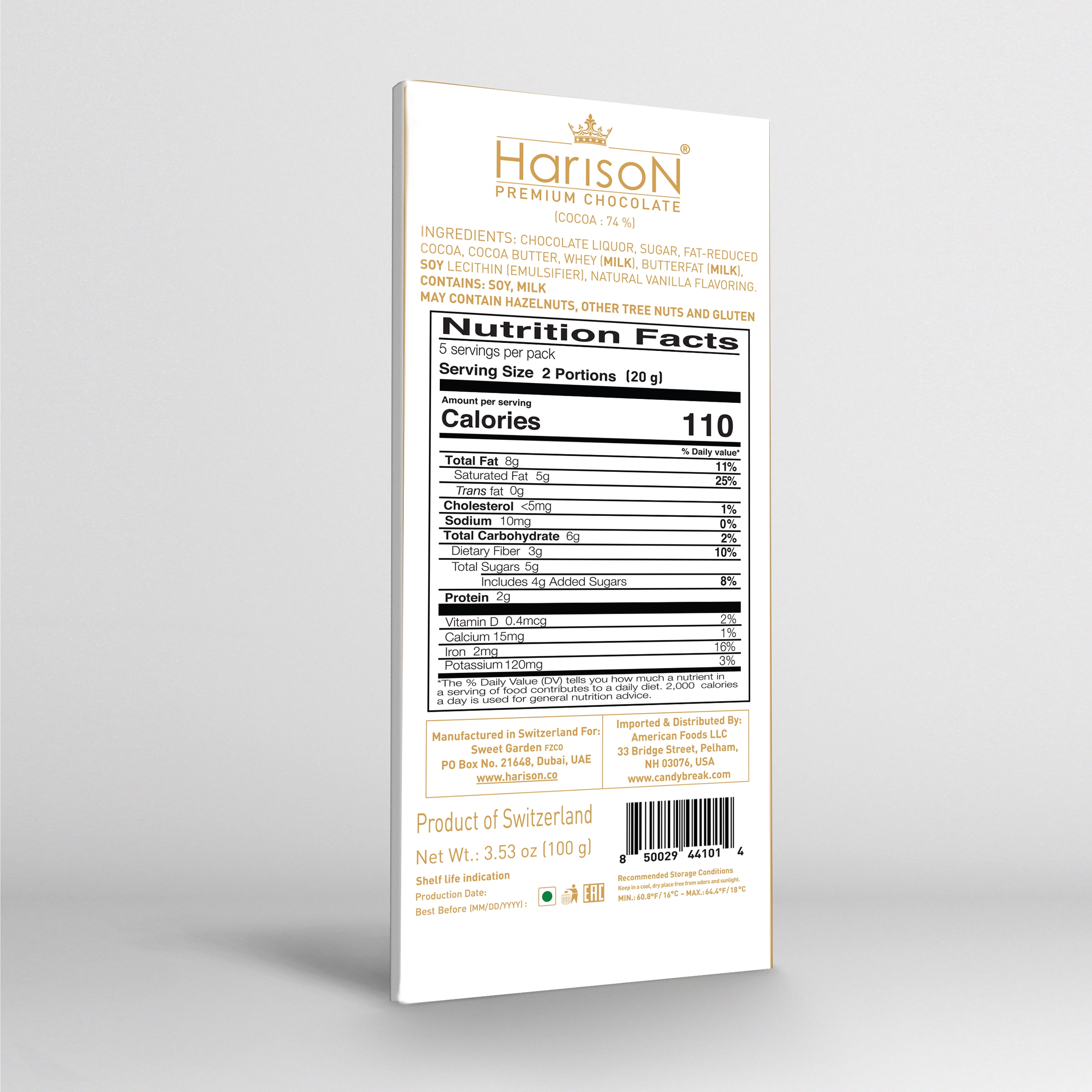 (2 pack) Harison Dark Chocolate Bar 74% Cocoa 3.5oz - Premium Swiss Chocolate