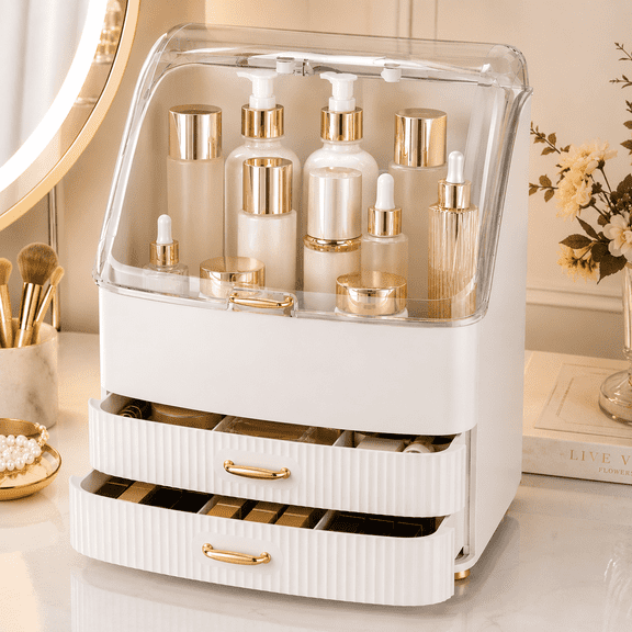 Large Makeup Organizer with Dustproof Transparent Lid, Waterproof Cosmetic Storage Case with Drawers for Bathroom Vanity, Skincare Organizer, White