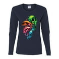 thumbnail image 2 of Wild Bobby, Trippy Neon Melting Skulls Womens Graphic Long Sleeve T-Shirt, Navy, Medium, 2 of 3