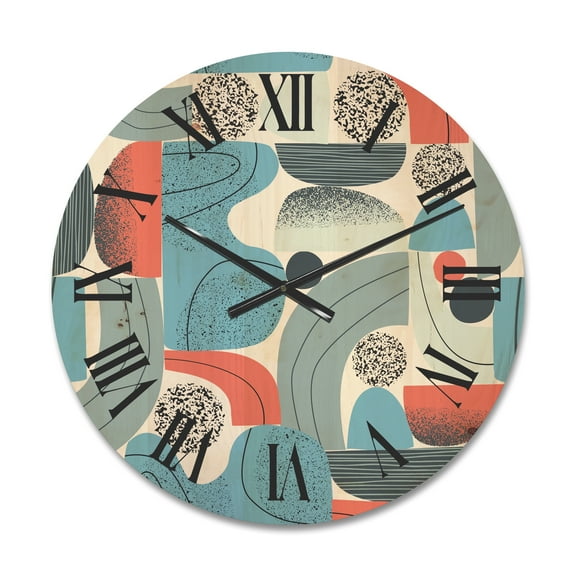 Designart 'Retro Shapes With Abstract Moons and Suns II' Modern Wood Wall Clock