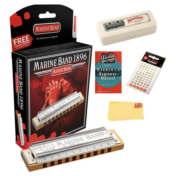 Hohner Marine Band 1896 Harmonica - Key of C Bundle with Case, Key Stickers, Instructional Manual, and Austin Bazaar Polishing Cloth