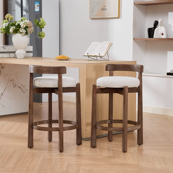 Set of 2 Swivel Counter Stools, Mid-Century Modern Bar Stools with Back, 26 Inch Seat Height, Solid Wood Frame, Linen Upholstered Bar Chairs with Footrest, for Kitchen Island