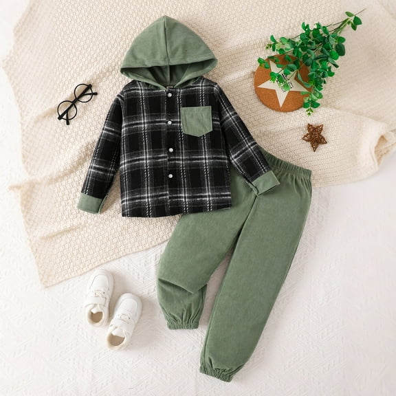 SYMOID Girls' Hooded Outfit Set (2-7Y) - 98% Cotton Plaid Top & Solid Green Jogger Pants, Soft Stretch, Easy-On for School/Family Outings,Size 7 T