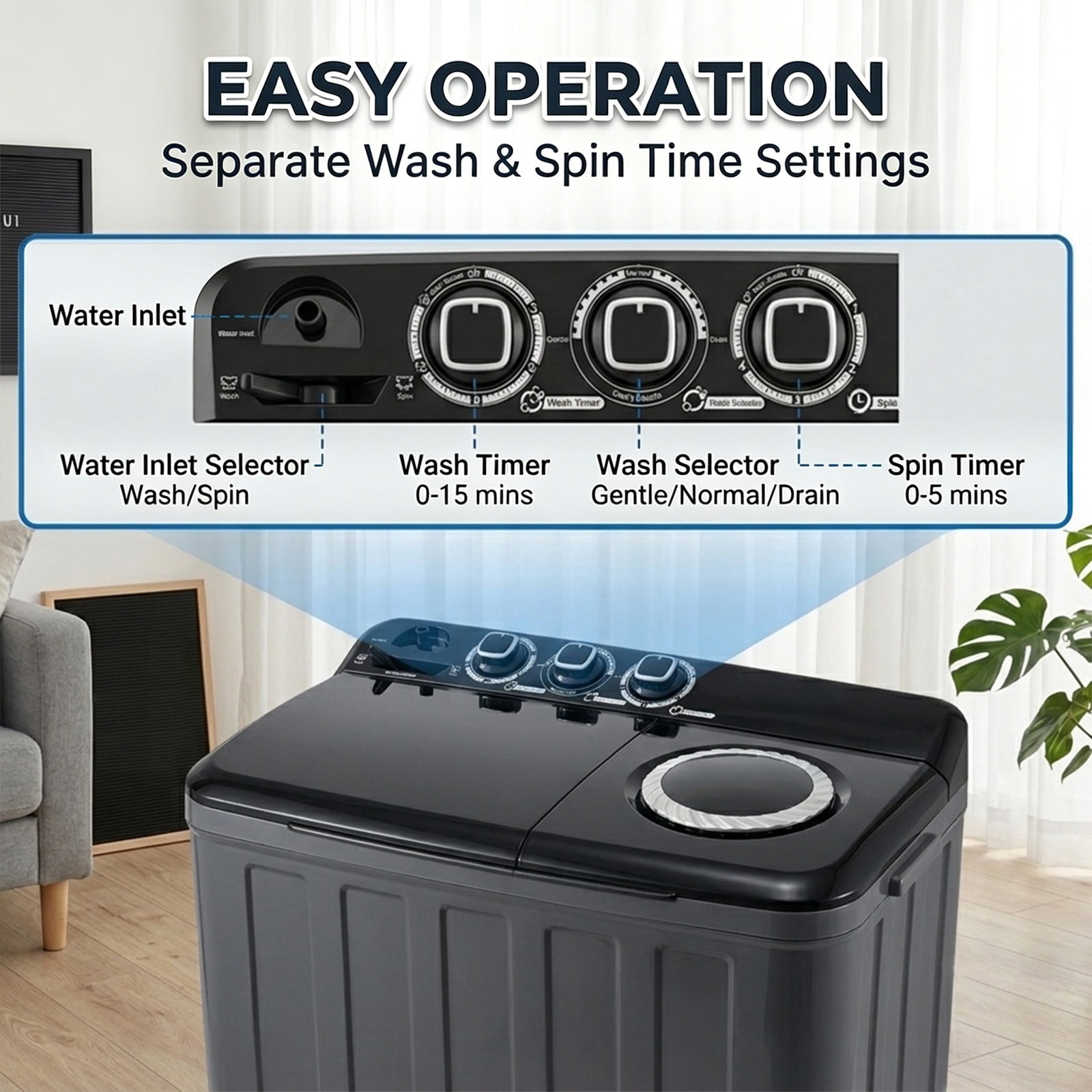 Portable Washing Machine, 30lbs Twin Tub Washer Compact Laundry Machine with Drain Pump,Compact Washer for Home Dorm Apartment,Black