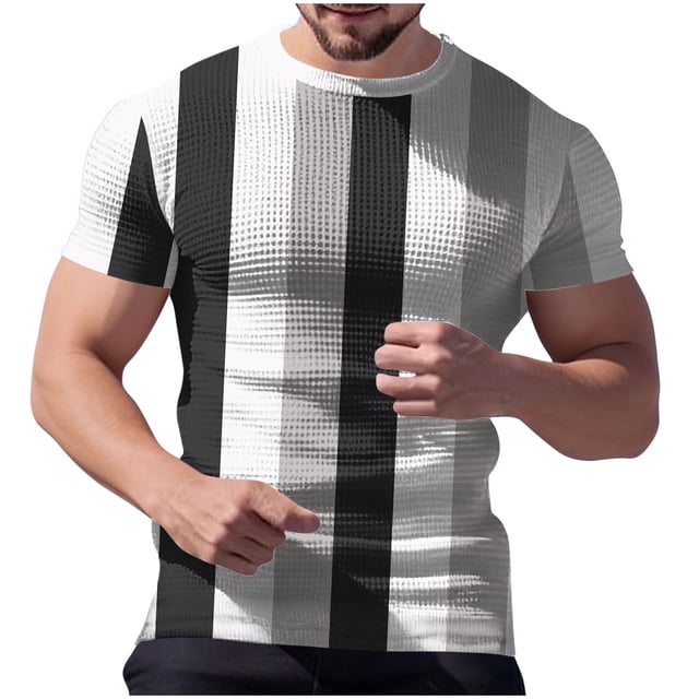 Ceisia Men's Summer Casual Slim Fit Crew Neck Short Sleeve T-Shirt Multi-Color Vertical Striped Waffle Knit Stretch Fabric White M Gifts