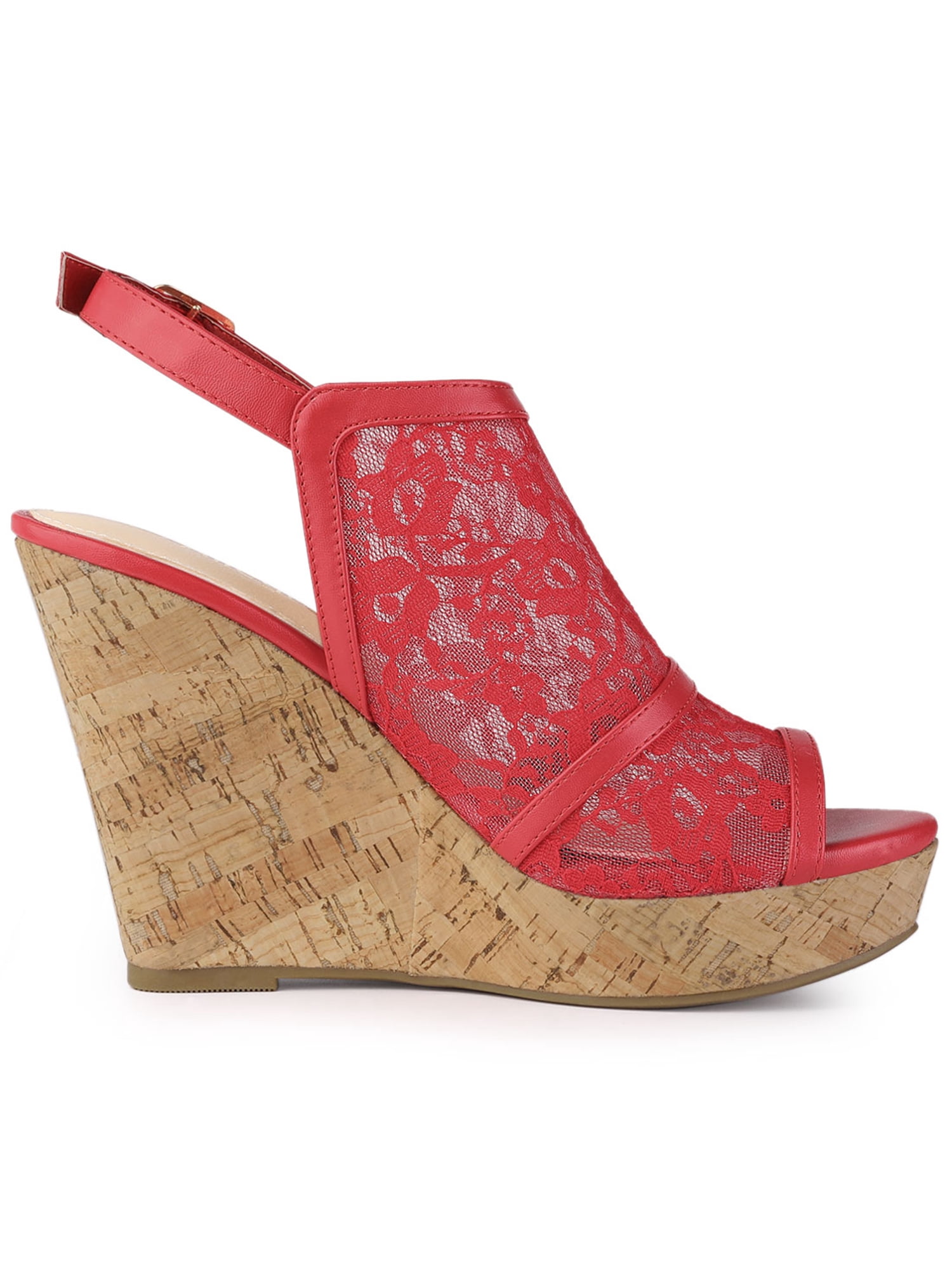 DARING DIVA Women's Open Toe Platform Heel Lace Wedges Sandals Red 10