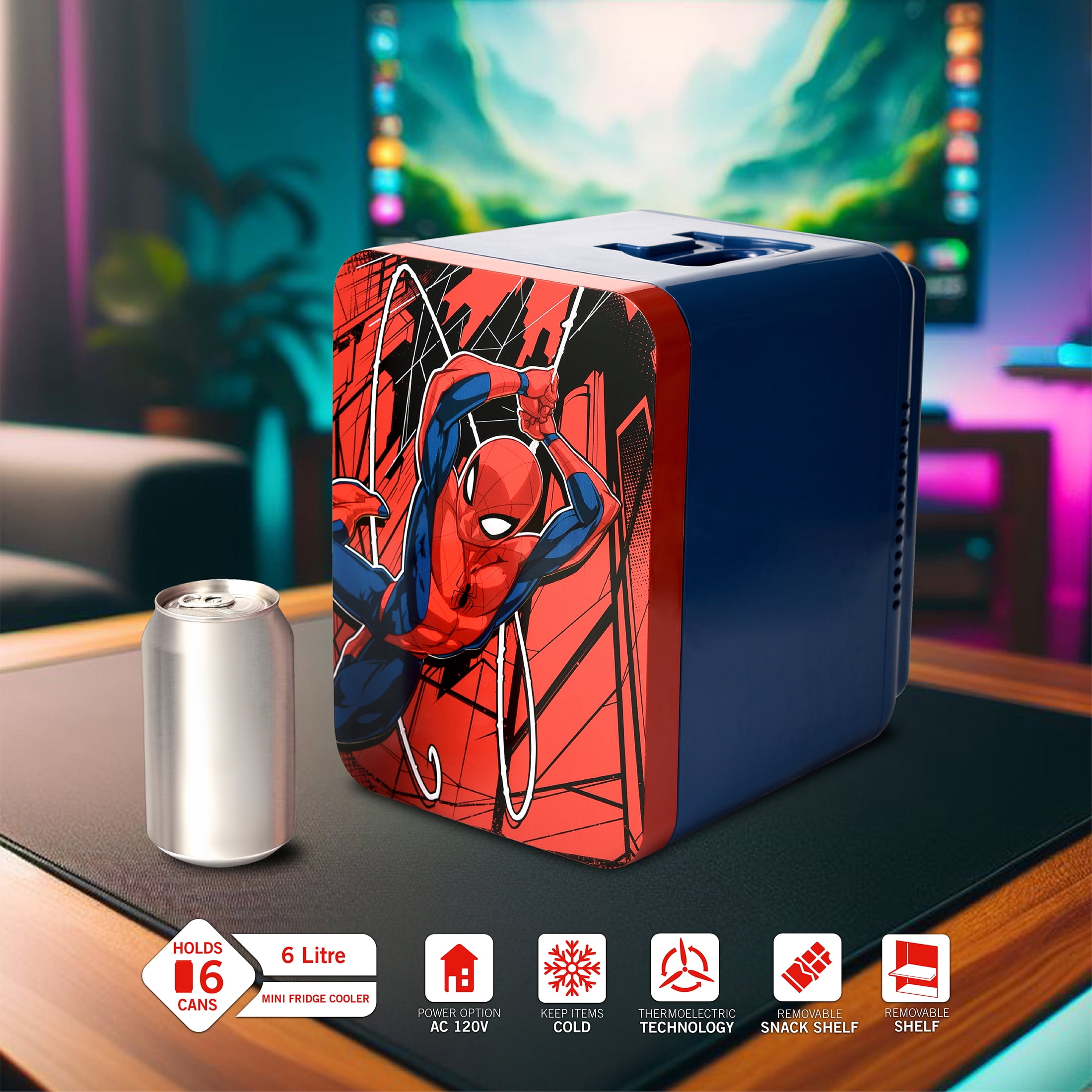 Marvel Spiderman Blue Red 6 Can Mini Fridge Thermoelectric Cooler 4 Litre