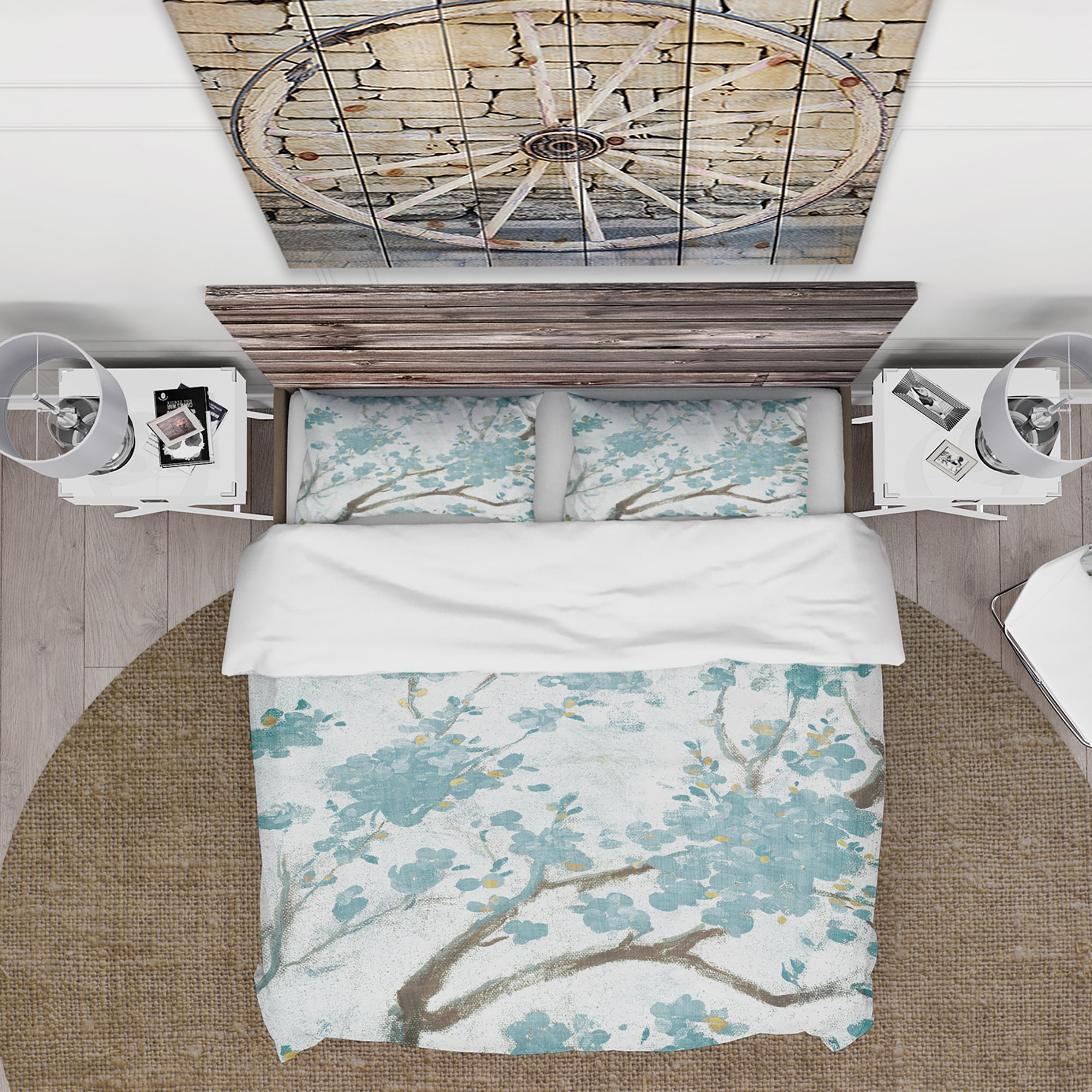 Designart 'Teal Cherry Blossoms I' Farmhouse Duvet Cover Set