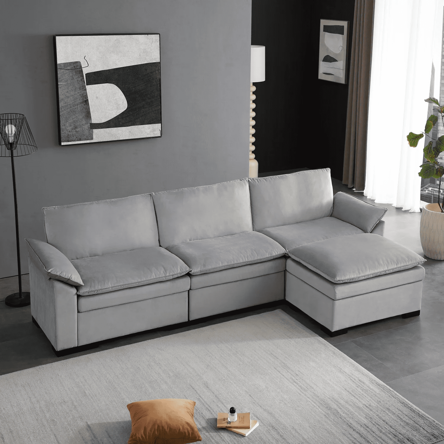 Gewnee 117.7" L - Shaped Velvet Modular Ultra Deep Seat Sectional Sofa, Super Comfy 3 -Seater with 1 Ottomans for Living Room