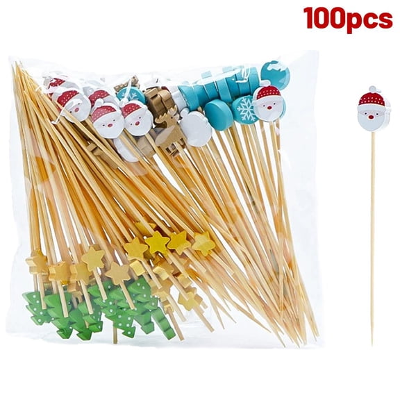 100PCS Christmas Cocktail Sticks,Handmade Wooden Cocktail Skewers with Christmas Tree Ornament,C-ocktail Decorations for Drinks,Food Fruit Skewers,C-hristmas Party Decoration Supplies