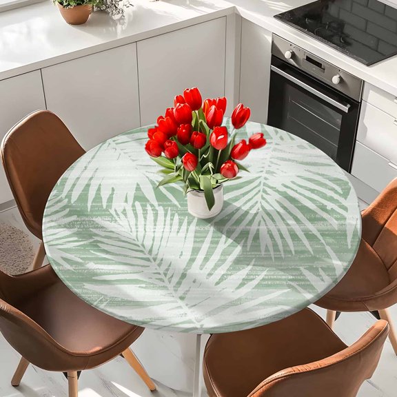 Green Coastal Botanical Elastic Fitted Round Tablecloth White Tropical Palm Leaves Waterproof Outdoor Table Cover for Holiday Party, Picnic, Patio & Dining Fits Tables Up to 36"-44"