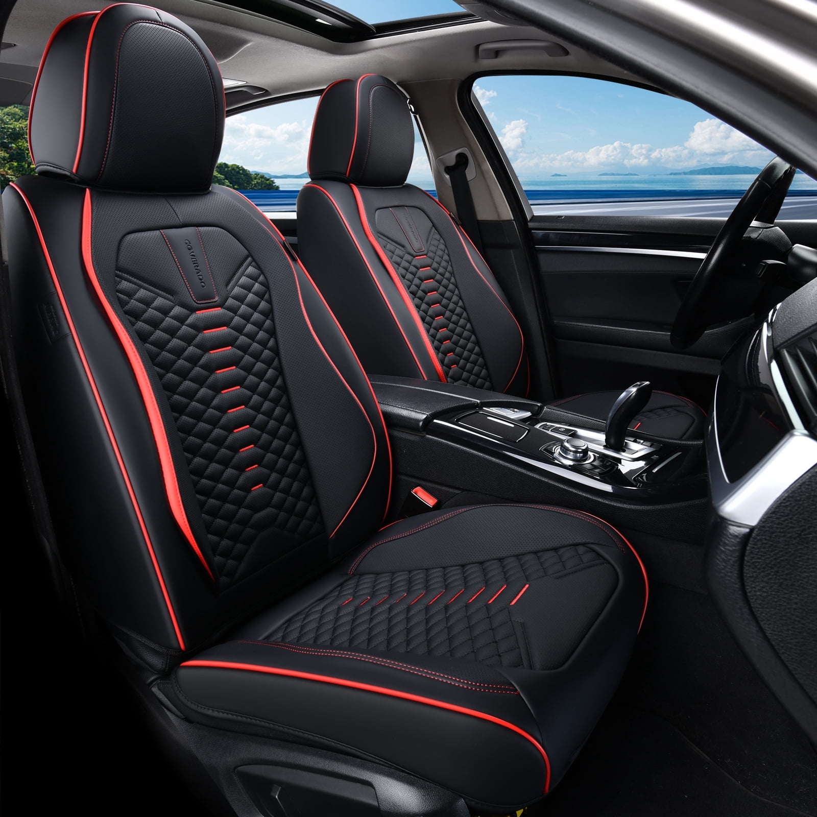 Coverado Black and Red Trim Car Seat Covers Full Set, Premium Leather Front and Rear Split Bench Cover, Automotive Seat Protectors Universal Fit for Most Cars, SUVs and Trucks
