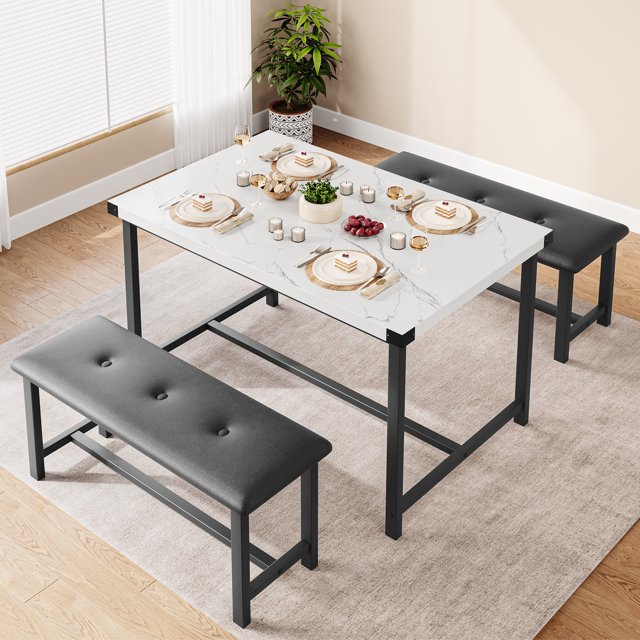 4-Person Rectangular Dining Table Set with 2 Upholstered Benches - Ideal for Small Spaces, Apartments & Studios