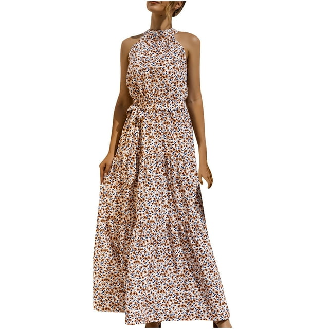 Mikilon Robe Longue d'Été pour Femmes, Mode, Dos Nu, Sans Manches, Imprimée, Aguichant, Décontractée, à Bretelles