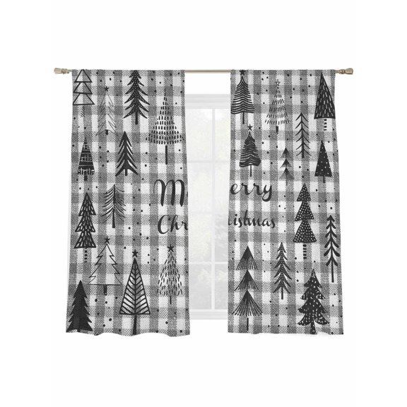 Christmas Grey Sheer Curtains 2 Panels Set, Checkered Green Xmas Tree Window Sheer Curtains for Living Room/Bedroom, Light Filtering Rod Pocket Voile Drapes, 52" W x 72" L