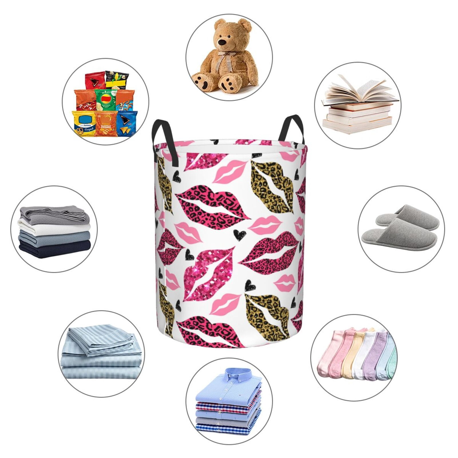 Large Laundry Basket with Handles - fashion Glitter Leopard lips Kids Baby Dirty Clothes Laundry Hamper for Bedroom Aesthetic