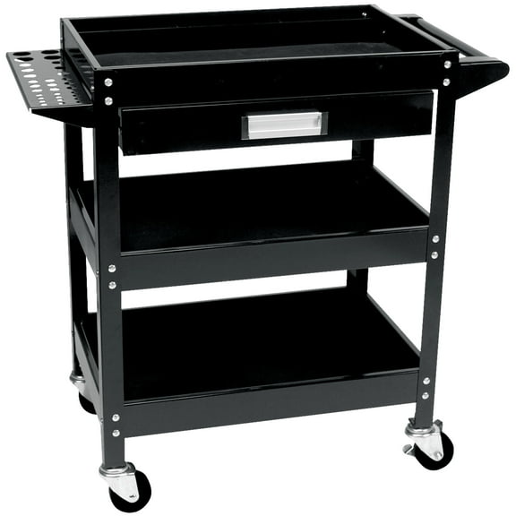 Performance Tool W54006 23.5 In. x 16 In. 3-Shelf Utility Cart with Drawer, Tool Trays, and Swivel Casters, Black