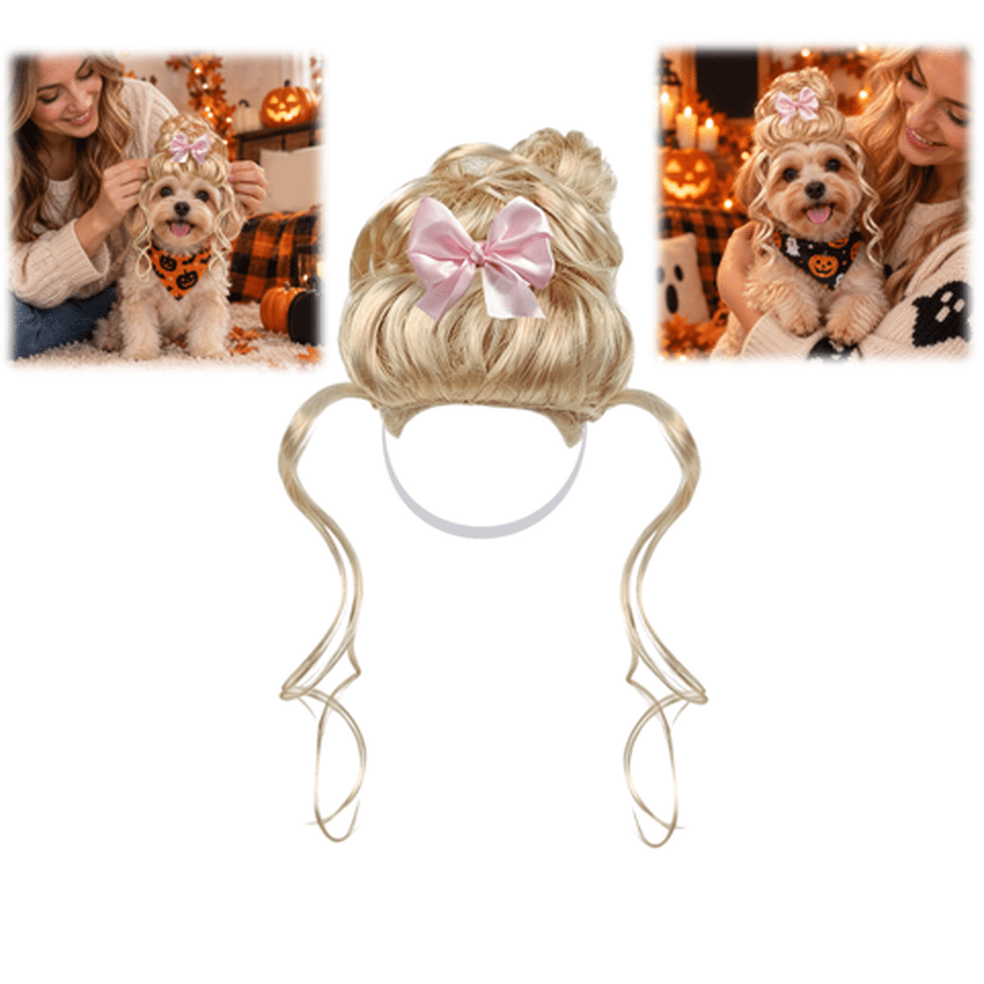 Princess Halloween Dog Wig Blonde Curly Style with Pink Bow Detail Stay‑Put Dog Wig Pet Costume Accessory for Small Dogs Halloween Cosplay and Party Activities