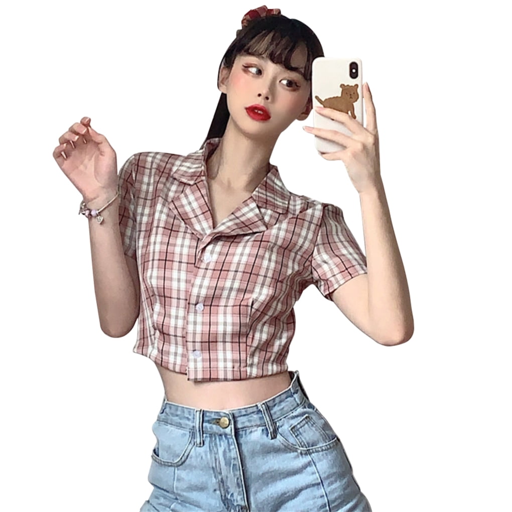 Women Shirt Summer Plaid Short Sleeve 
