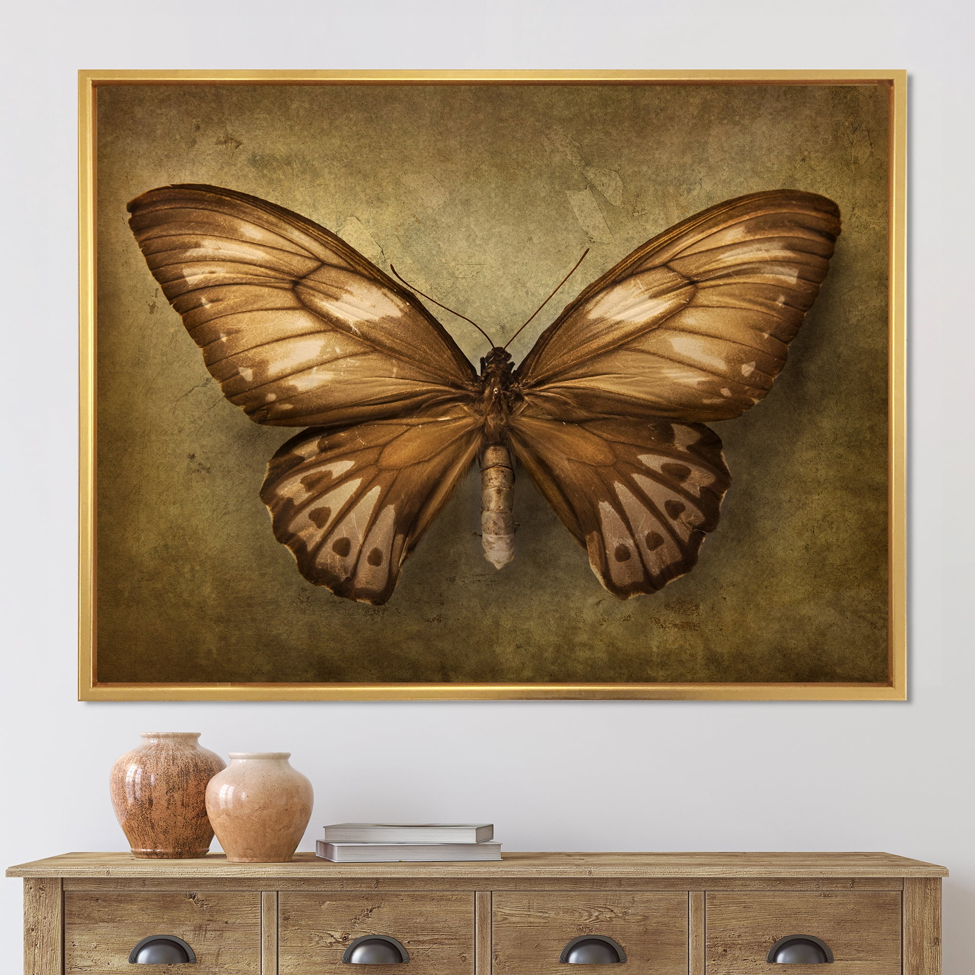 Designart 'Ancient Butterfly In Earth Tones' Vintage Framed Canvas Wall Art Print