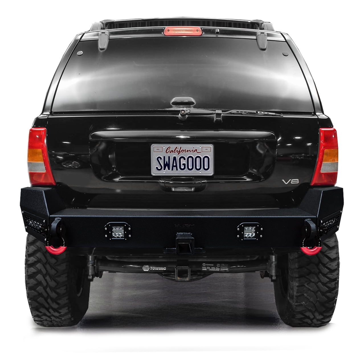 Vijay Compatible with 1999-2000-2001-2002-2003-2004 Jeep Grand Cherokee WJ Front and Rear Bumper Textured Black Steel with Light and D-ring