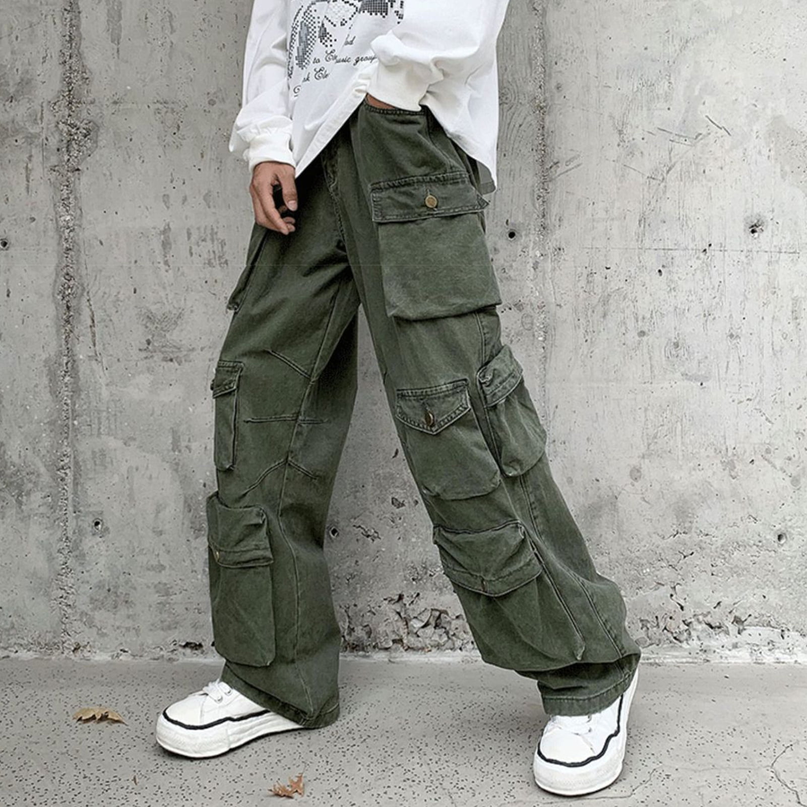 Solid Multi Pockets for Cargo American Street Mid Daily Retro Straight Color Waist Trousers Men Wear Style Pants Overalls Loose