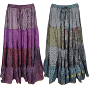 Mogul Womens Long Maxi Skirt Silk Sari Full Flare A-Line Gypsy Boho Fashion Indian Skirts Lot Of 2 Pcs