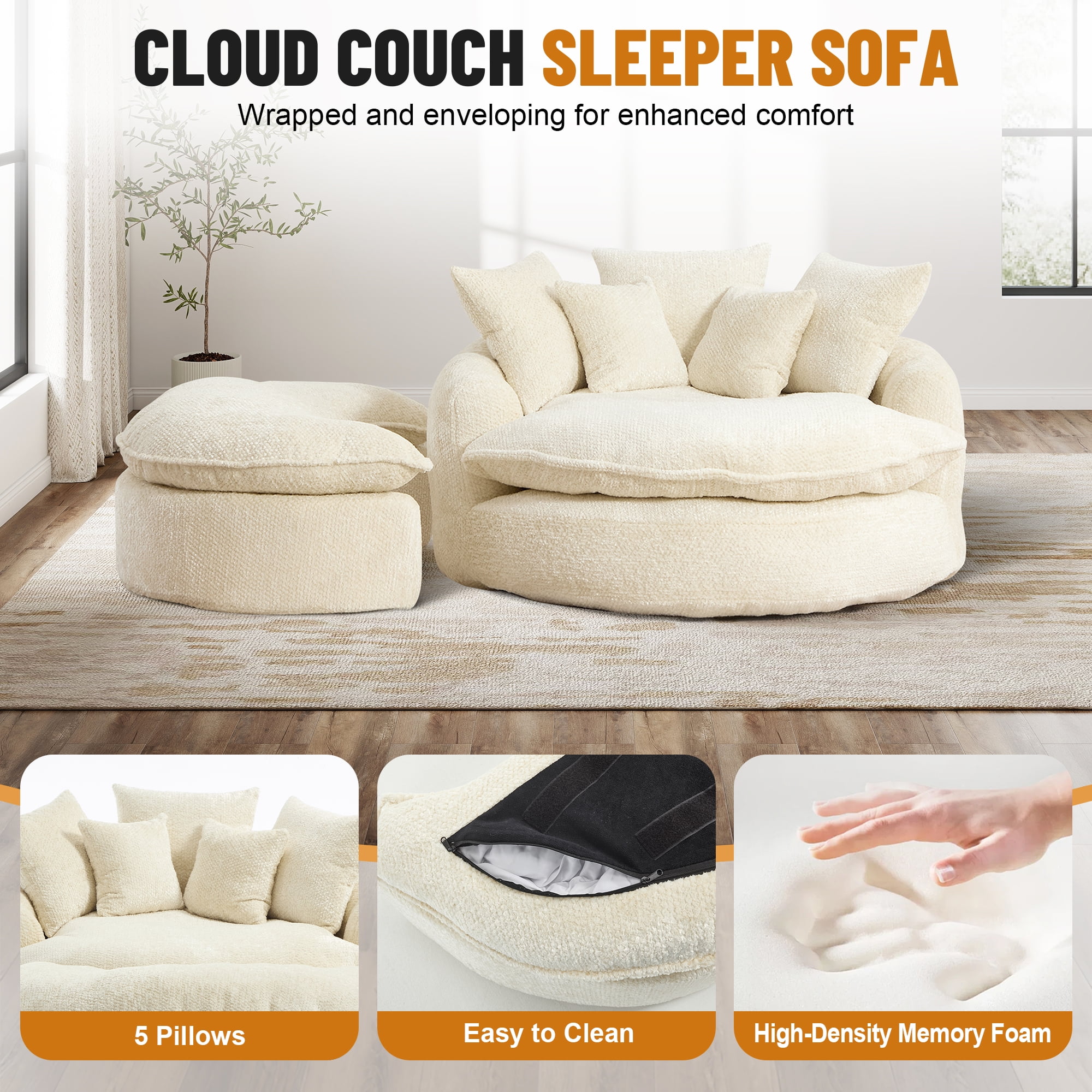 Aukfa 75" Oversized Round Chaise Lounge Chair with Half Moon Ottoman, Boneless Cloud Circle Deep Seat Sofa Set for Living Room, 5 Pillows, No Assembly Required, Beige