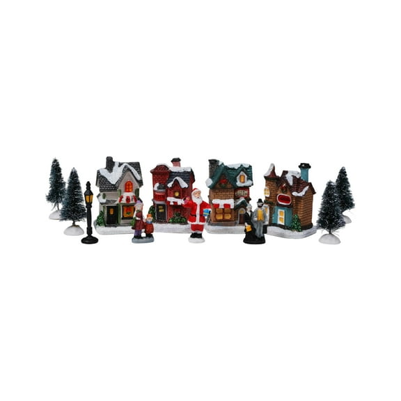 10PCS Christmas LED Lighted Miniature Village Set,Light Up Christmas Village Houses with Trees Accessories,Holiday Tabletop Christmas Town Scene Décor for Home Displays,Mantel,Winter Wonderland Gifts