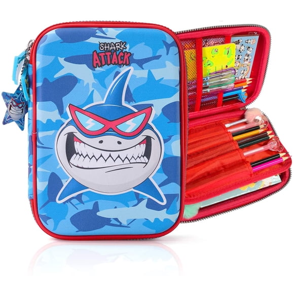 PowerKing Shark Pencil Case Pencil Box, Cute EVA Shark Pen Pouch Cartoon Stationery Box Large Capacity