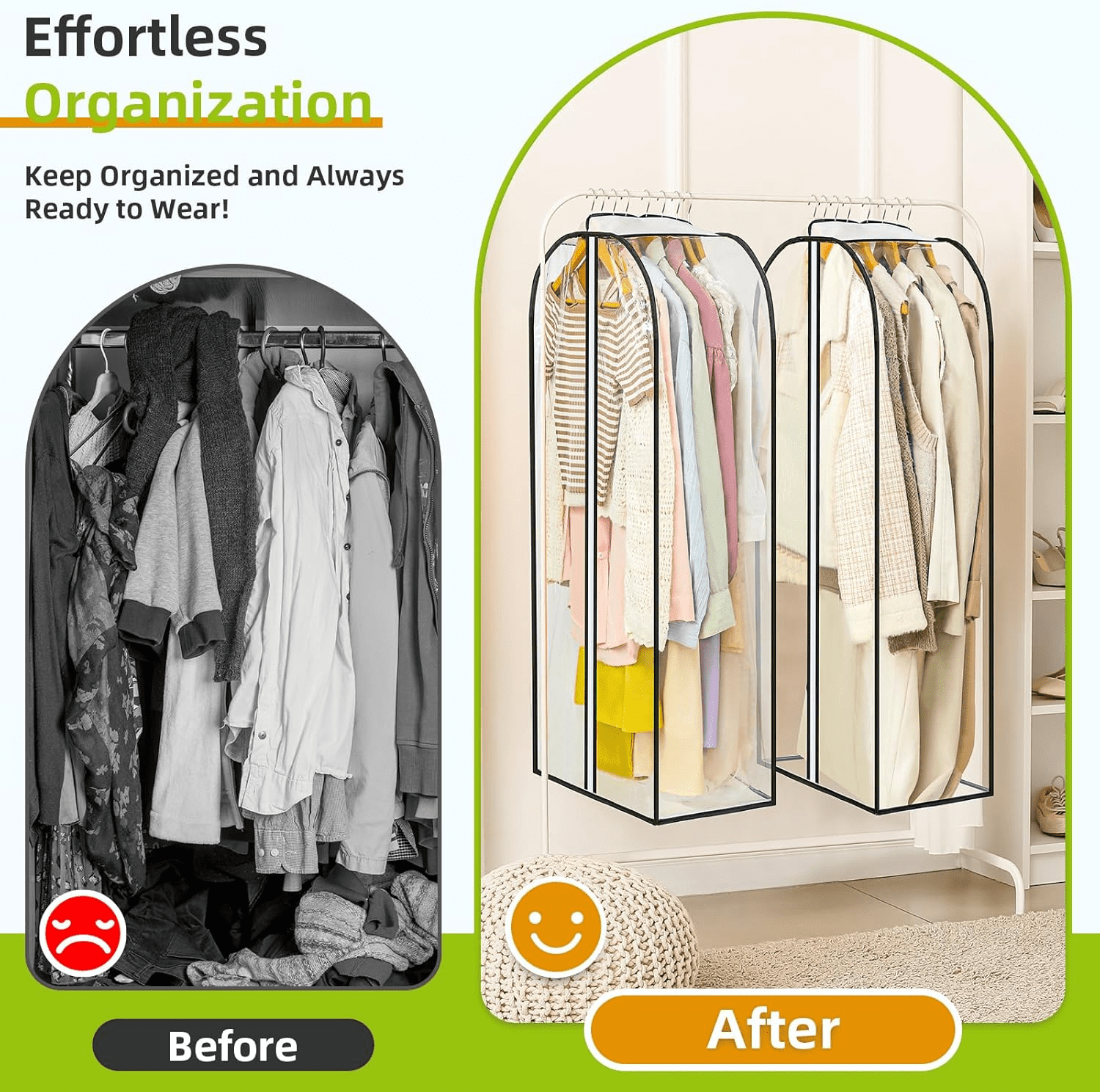 6 Pack Clear Hanging Garment Bags, 40 Inch Dust-Proof Garment Covers With Full Zipper, Transparent Clothes Storage Organizer For Suits, Dresses, Shirts, Closet & Travel