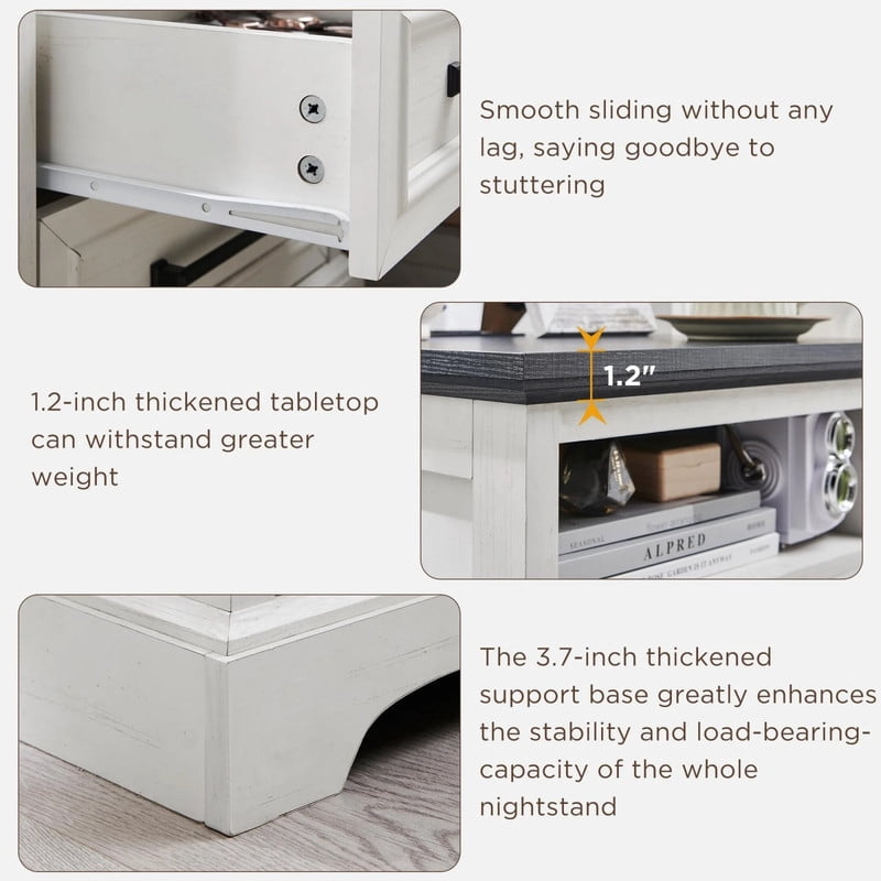 Kelno 18" Nightstand with Charging Station Farmhouse Wooden End Table with 2 Drawers USB TypeC Outlets，White