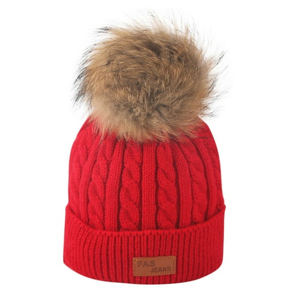 Kids Winter Hat Toddler Knitted Pom Beanie Hat Cotton Lined Faux Fur Pom Pom Cap Baby Girls Boys Beanies