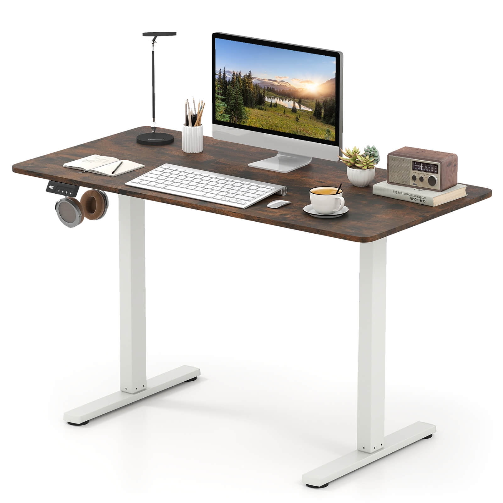 Costway 48” x 24” Electric Standing Desk with LED Display 2 Memory Height Settings for Home Rustic Brown+White