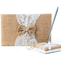 Rustic Wedding Guest Book Made of Burlap and Lace - Includes Matching Pen Holder and Silver Pen - 120 Lined Pages for Guest Thoughts - Comes in Gift Box (Burlap Bow with Pearl Center)