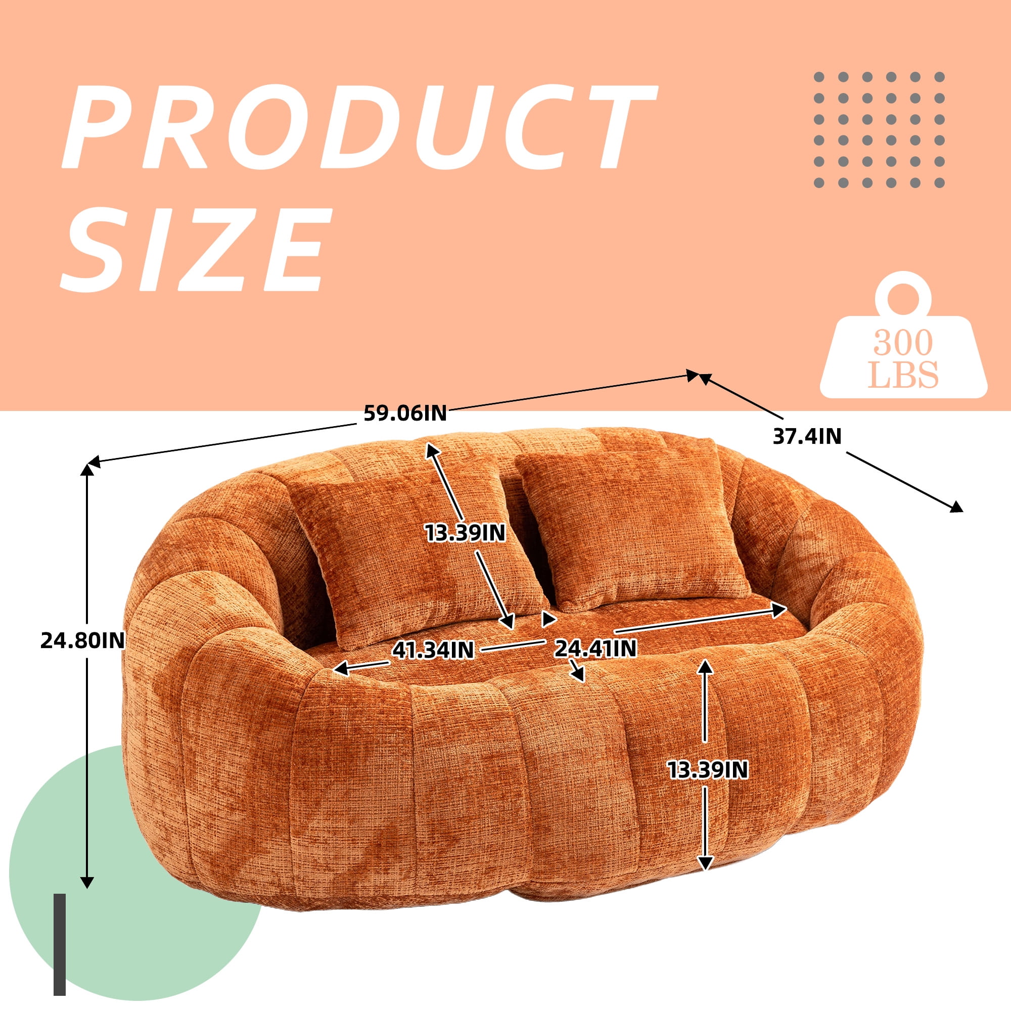 MOONMISS Chenille Durable Comfort Lounger High Back Bean Bag loveseat Lazy Sofa-Orange