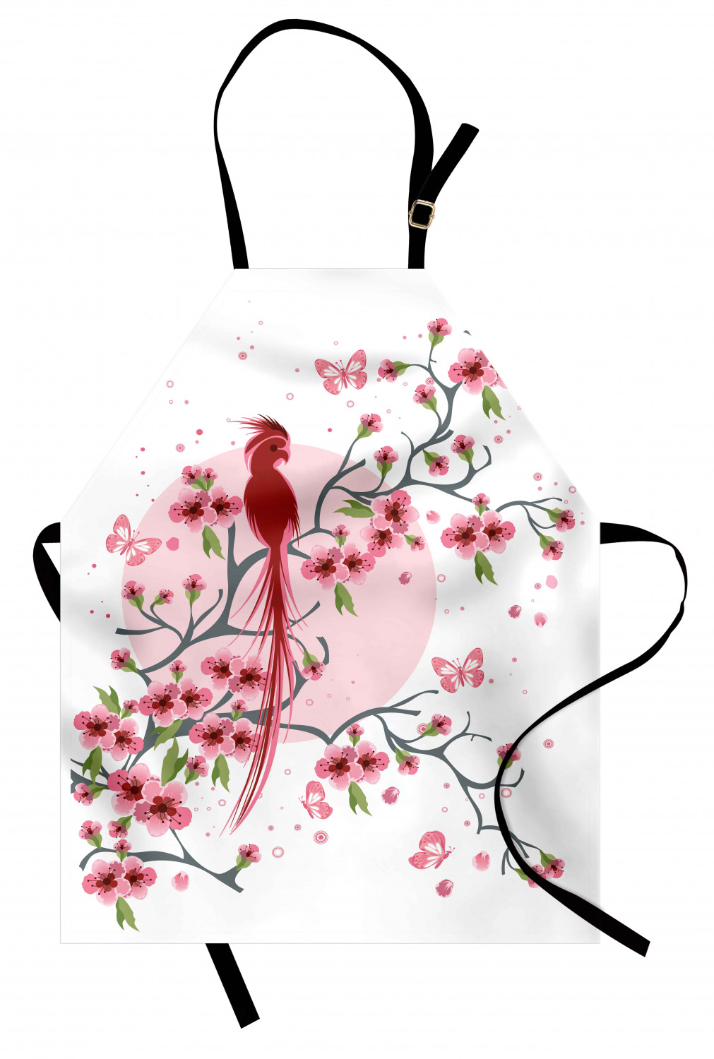 Japanese Apron Mythical Legendary Long Lived Phoenix Bird on Floral Sakura Branch Looking Back