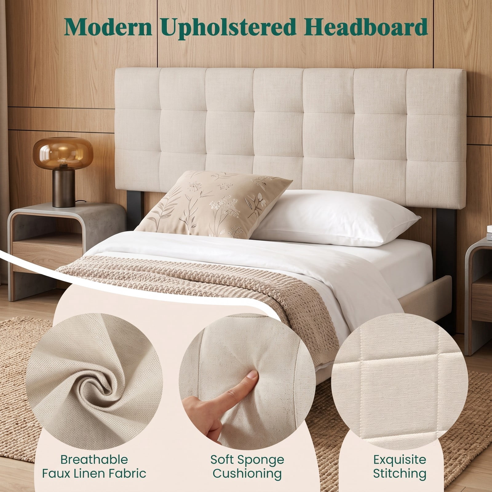Furnibear Upholstered Headboard for Full and Queen Beds, Quilted Grid Linen Bed Frame Headboard with Adjustable Legs, Fits Queen Bed Frame, Beige