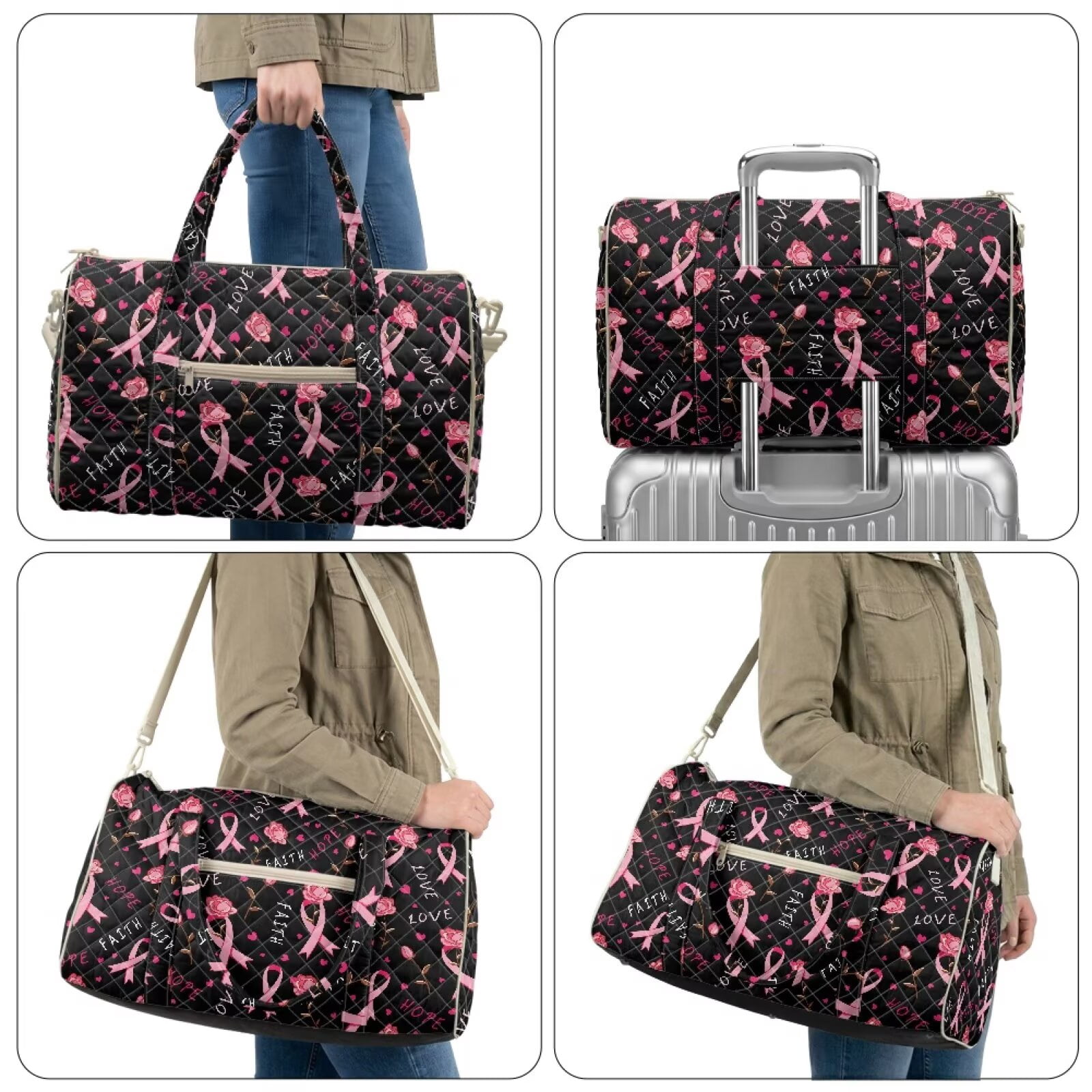 Garronmavis Breast Cancer Awareness Large Quilted Duffle Bag for Women, Pink Ribbon Floral Weekender Travel Bag Carry On Overnight Gym Dance Tote with Luggage Sleeve