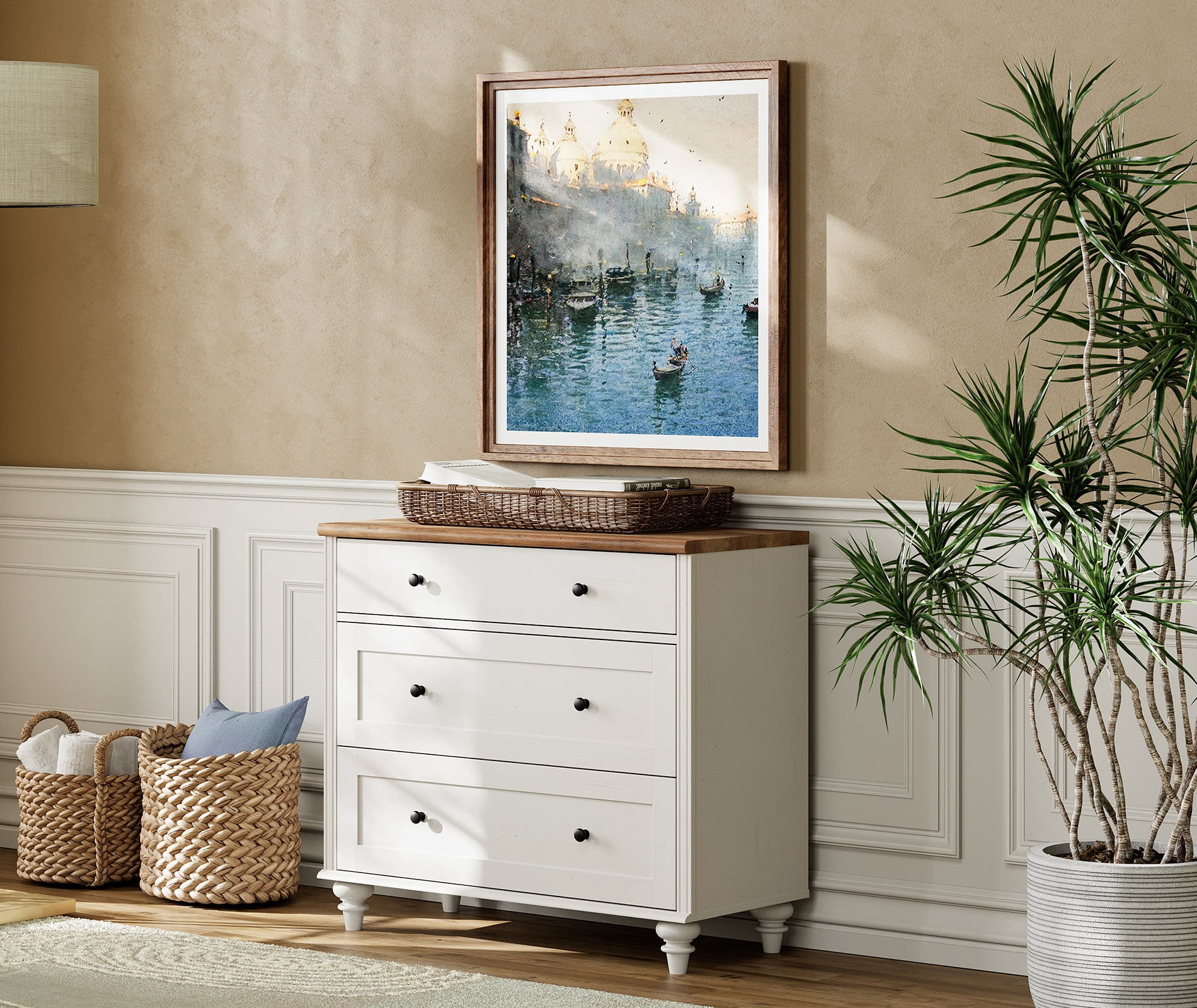 34" Dresser Cabinet with 3 Drawers, Mid-Century Modern Wooden Bedroom Closet Storage Organizer, Farmhouse Small Dressers Suitable for Living Room, Nursery, and Hallway, White