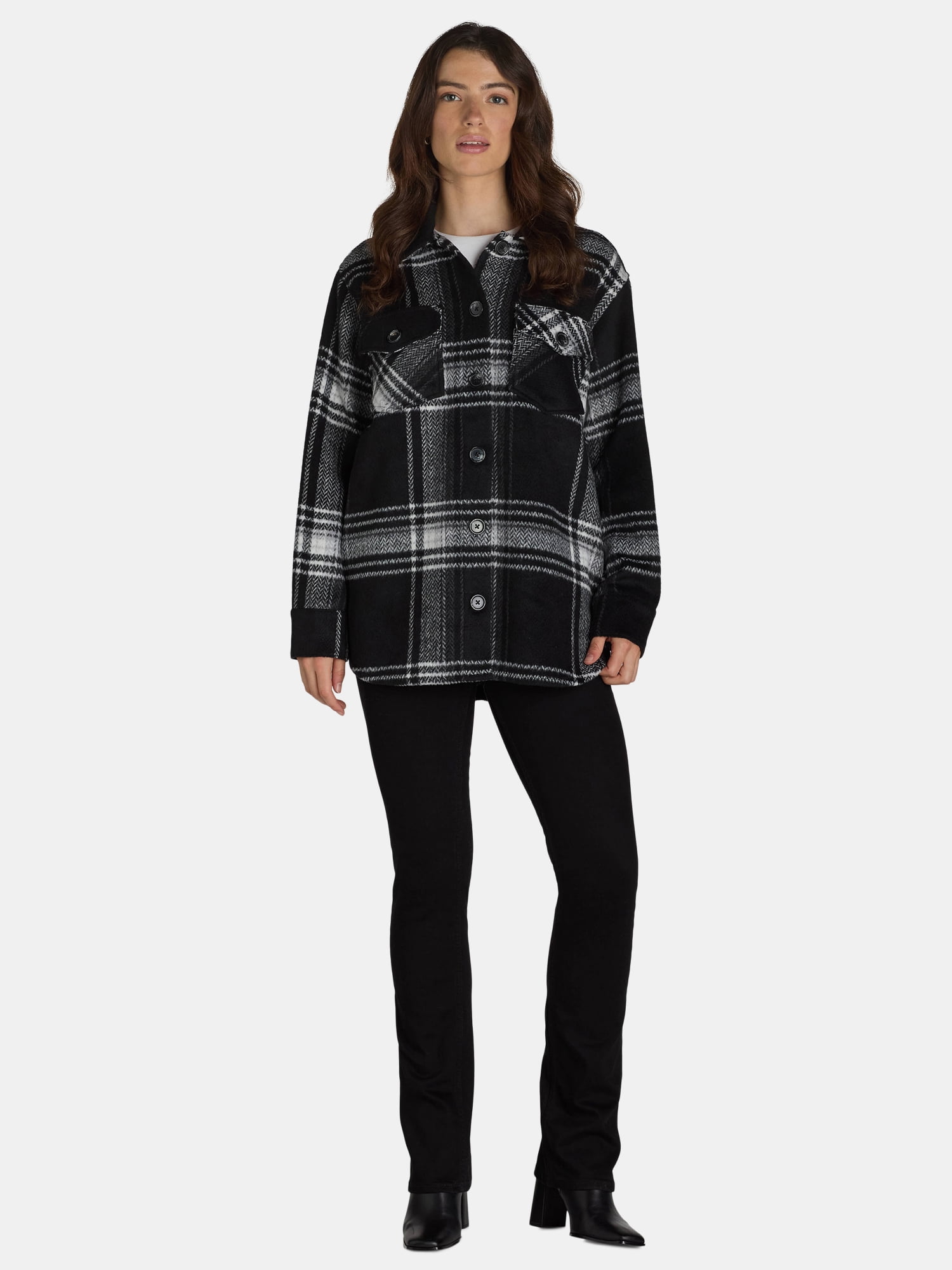 Time and Tru Women's Plaid Button Front Shacket, XS-XXXL